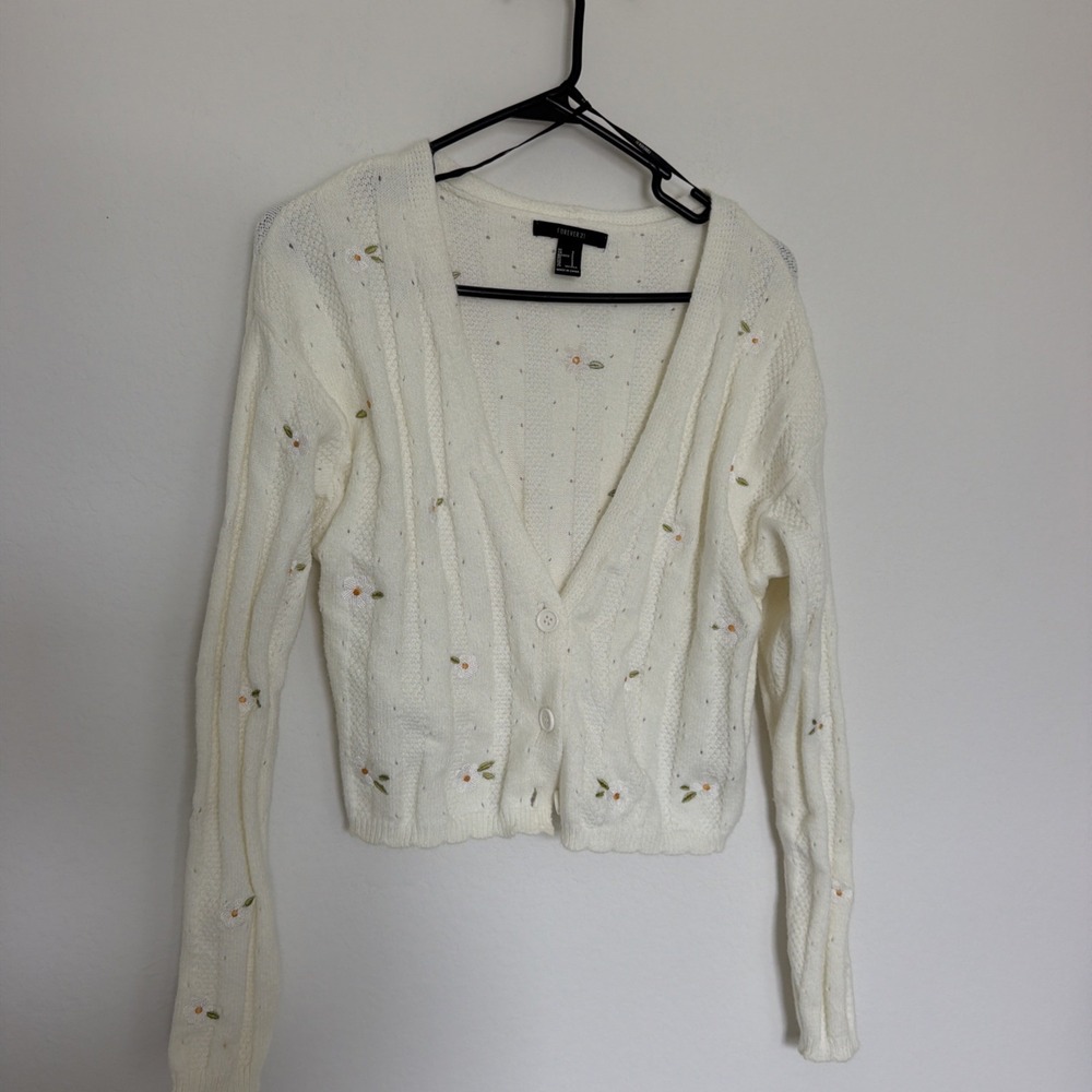 Forever 21 Daisy Embroidered Cardigan Womens Coquette White Cropped Sz Small